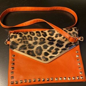 Versona Orange and Leopard print studded Crossbody